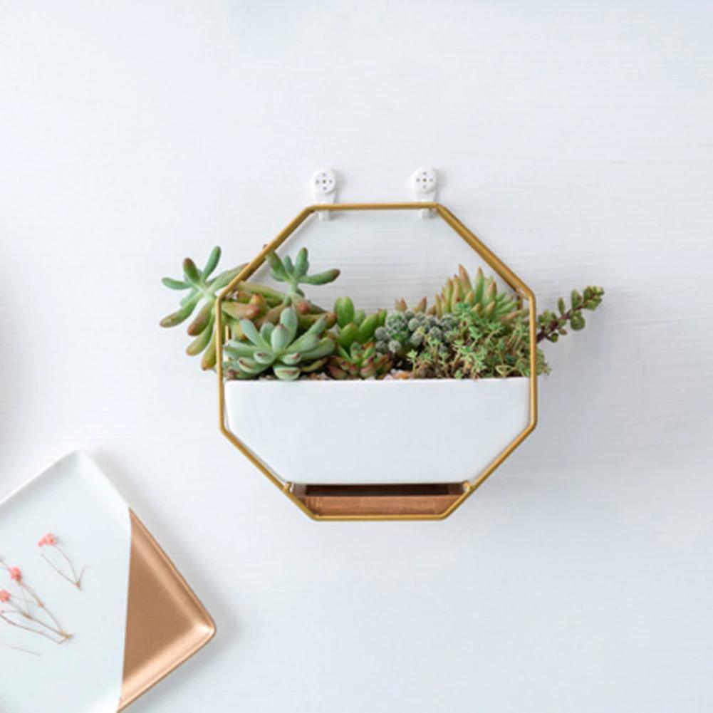 Geometric Ceramic Wall Planter with Octagonal Iron Frame