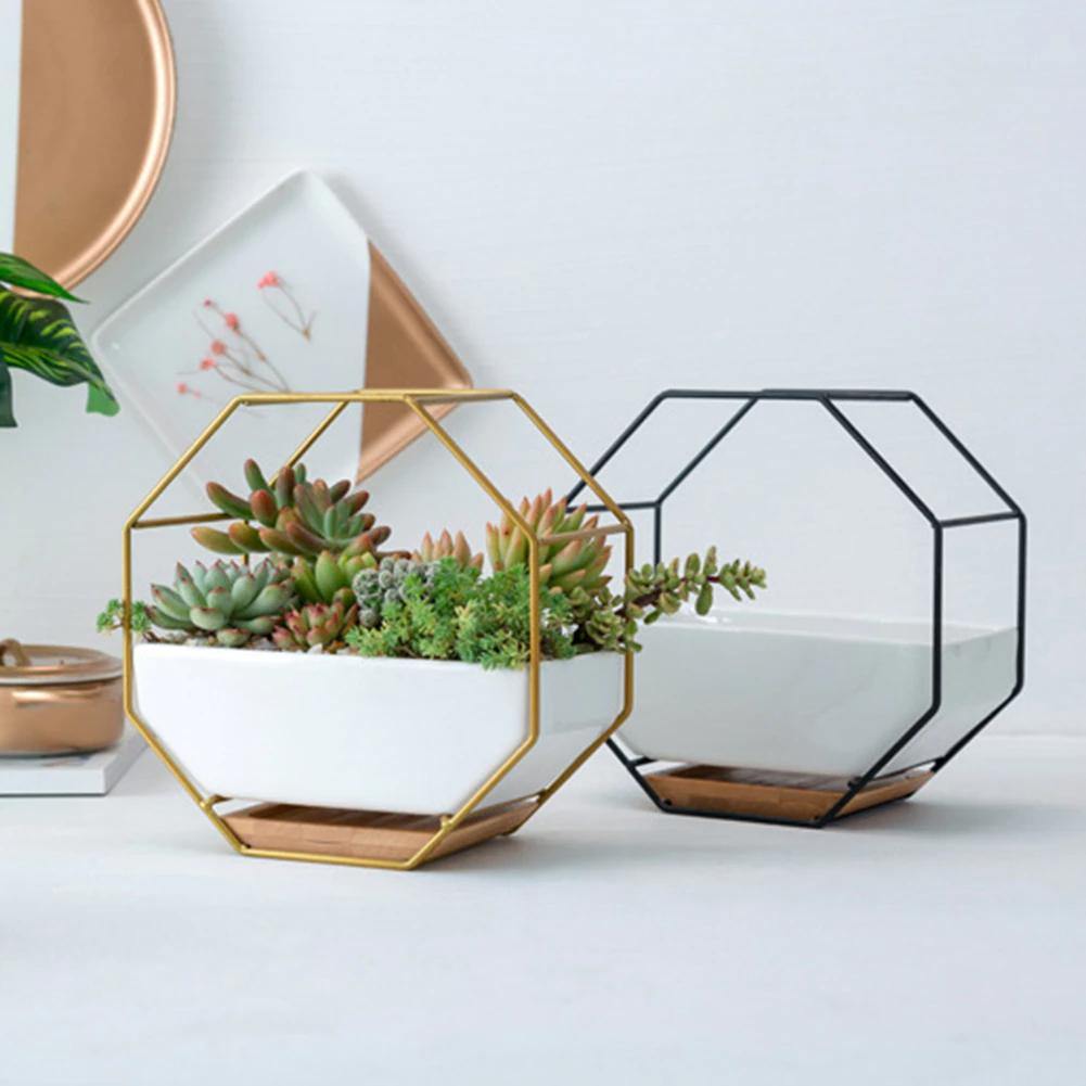 Geometric Ceramic Wall Planter with Octagonal Iron Frame