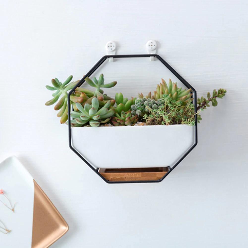 Geometric Ceramic Wall Planter with Octagonal Iron Frame