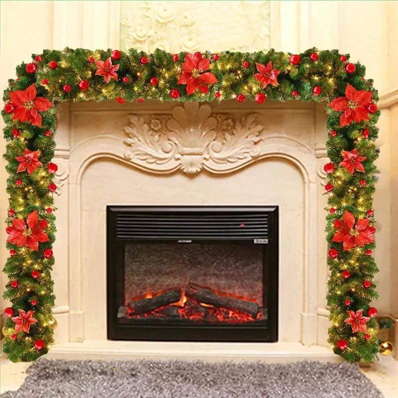 2.7M Christmas LED Rattan Garland Decorative Artificial Flower Pine Tree Ornament Xmas Party Home Fireplace Door Stairs Decor