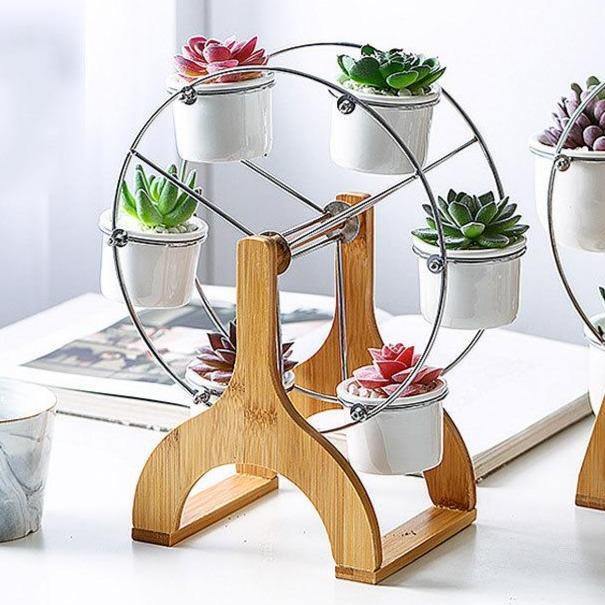 Wooden Ferris Wheel with Ceramic Succulent Planters